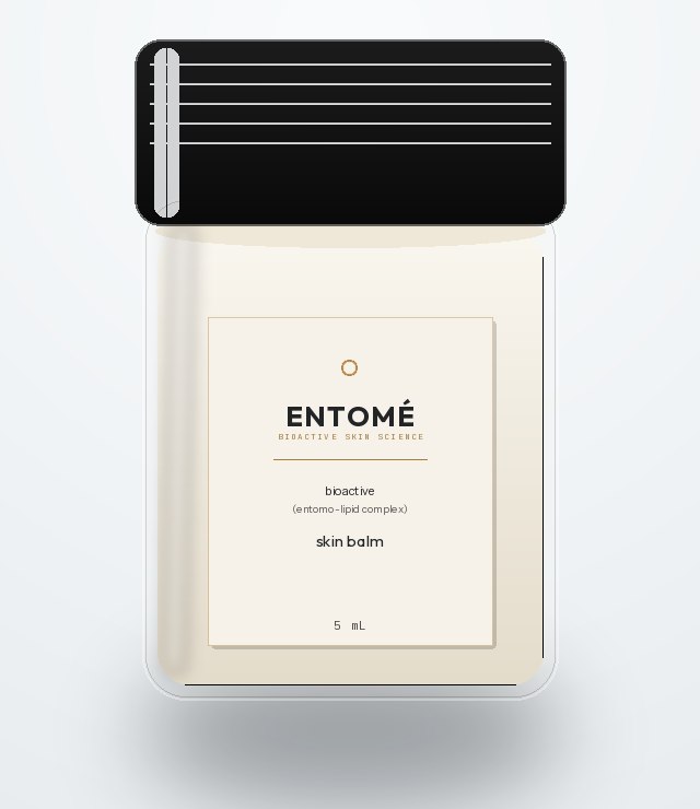 Entomé Skin Balm, front view, ivory label with gold droplet mark